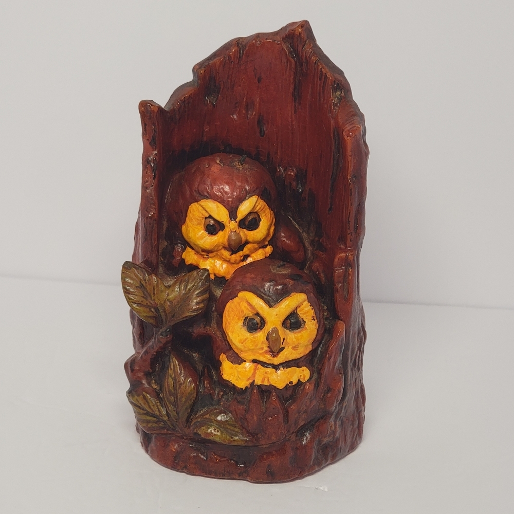 Vintage 3D Owl Candle Wax In Hollowed Tree Stump MCM 1970–Never‎ Burned